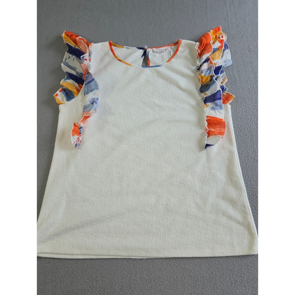 THML Flutter‎ Sleeve Top Womens Small Cream Abstract Print Ruffle Textured Knit